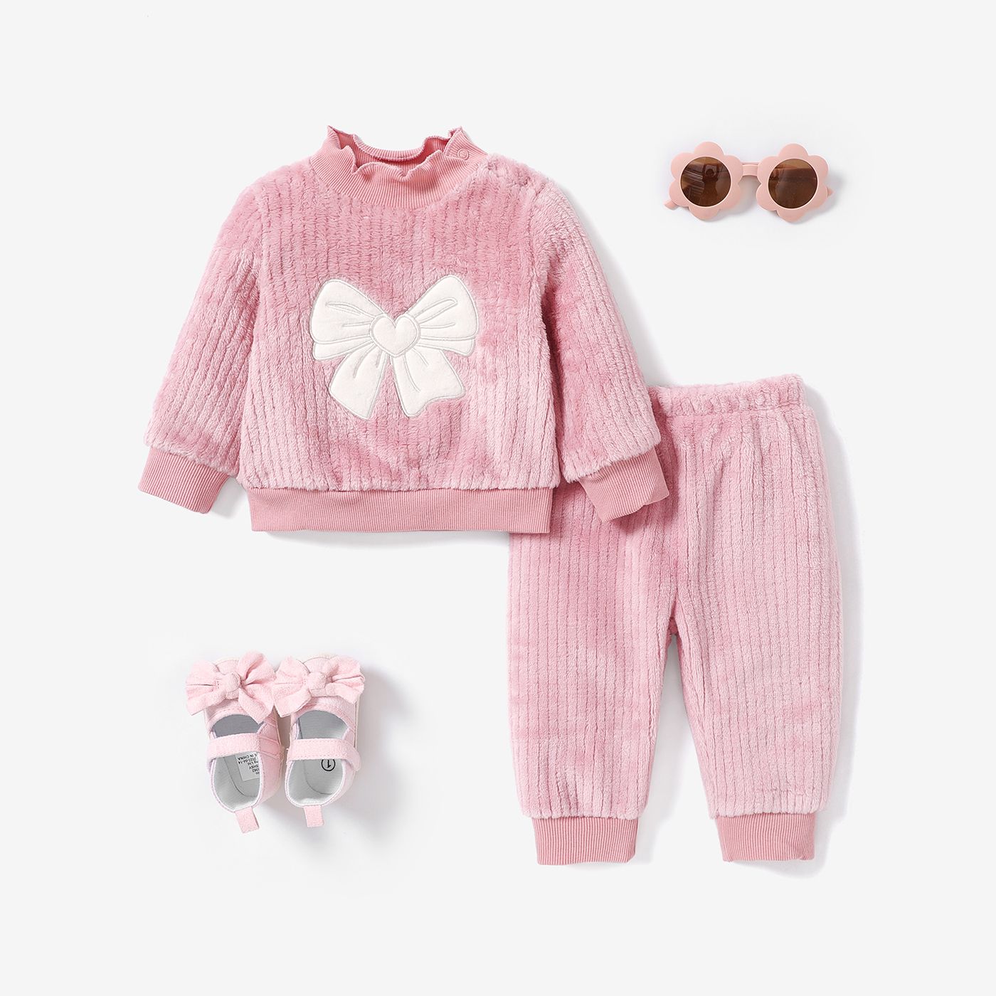 

2PCS Baby Girl Sweet Bow Print Stand Collar Top/ Pant Set