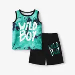 2Pcs Kid Boy Tie Dye Letter Print Tank Top & Shorts Set Green