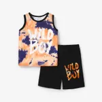 2Pcs Kid Boy Tie Dye Letter Print Tank Top & Shorts Set Orange