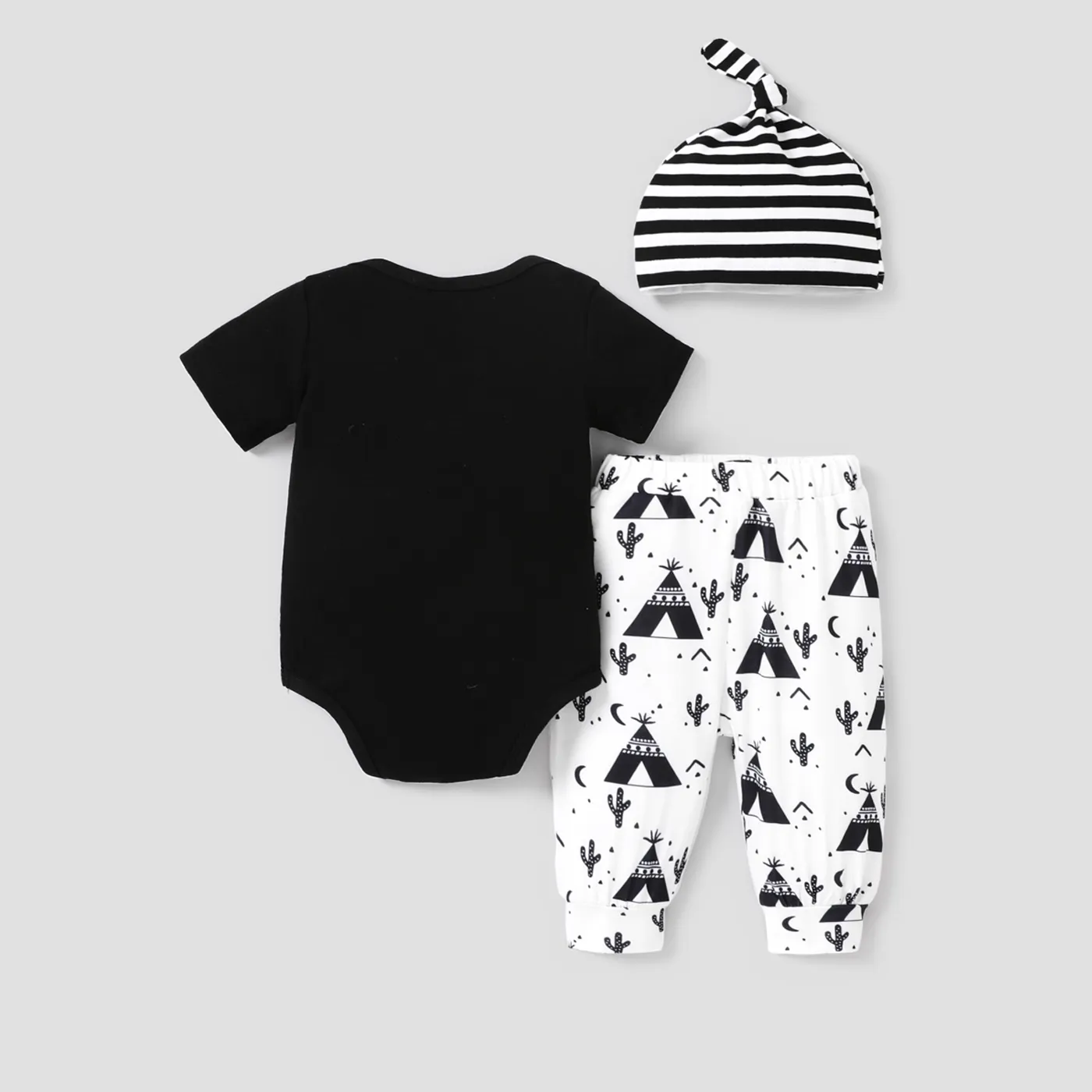 3pcs Baby Boy Letter Graphic Short-sleeve Romper and Allover Cactus Print Pants & Striped Hat Set Black image 2