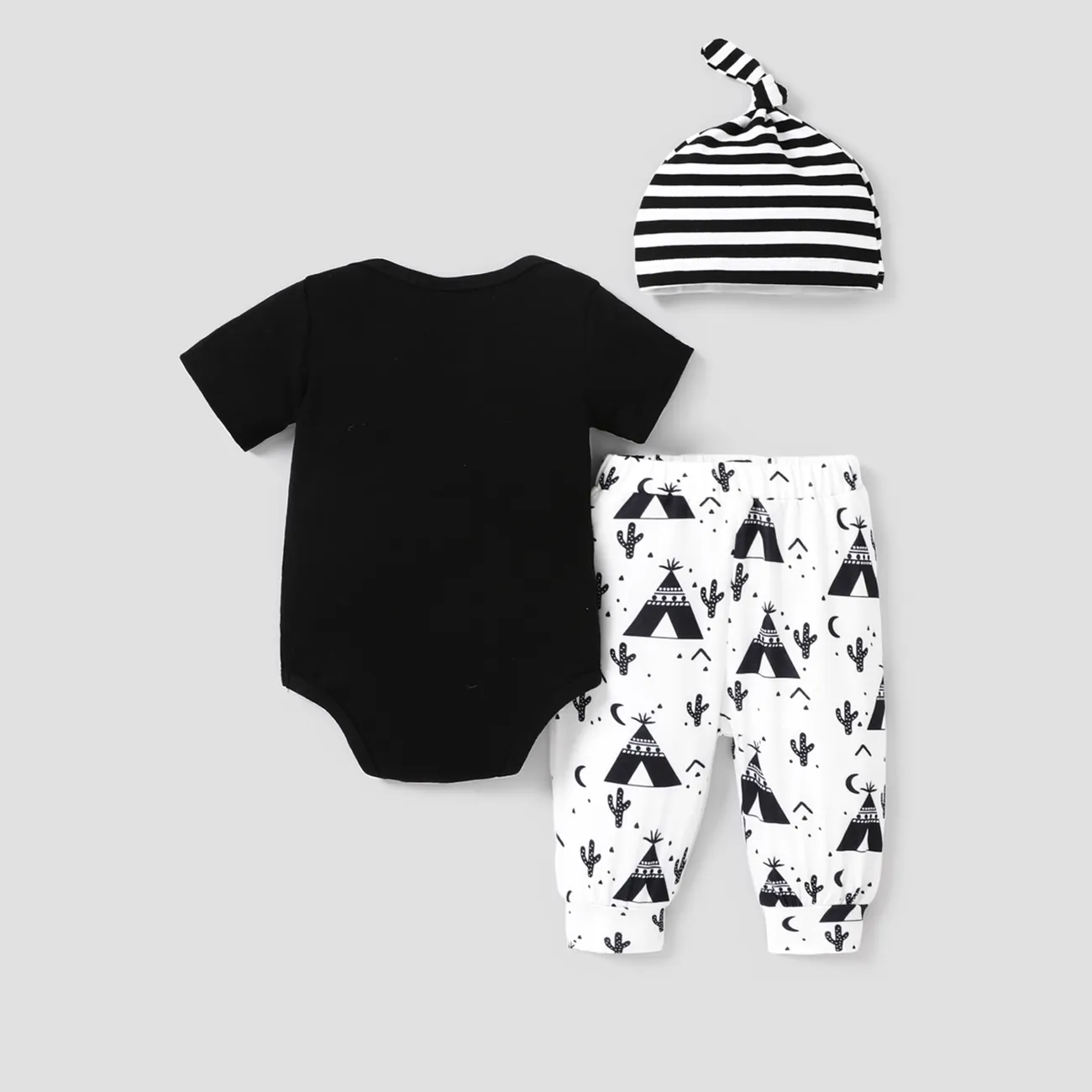 3pcs Baby Boy Letter Graphic Short-sleeve Romper and Allover Cactus Print Pants & Striped Hat Set Black big image 1