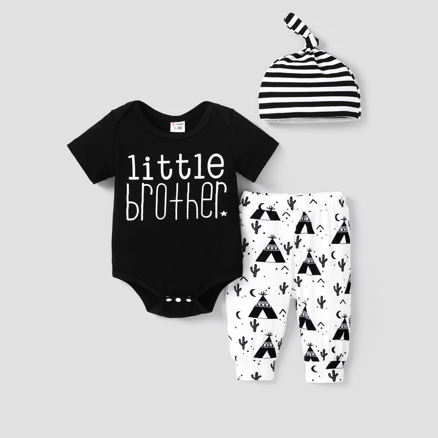 3pcs Baby Boy Letter Graphic Short-sleeve Romper and Allover Cactus Print Pants & Striped Hat Set