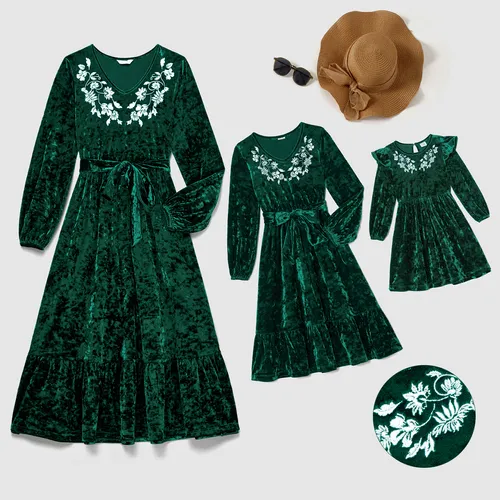  Mommy and Me Solid Color Floral Embroidered Long-sleeve Velvet Dresses