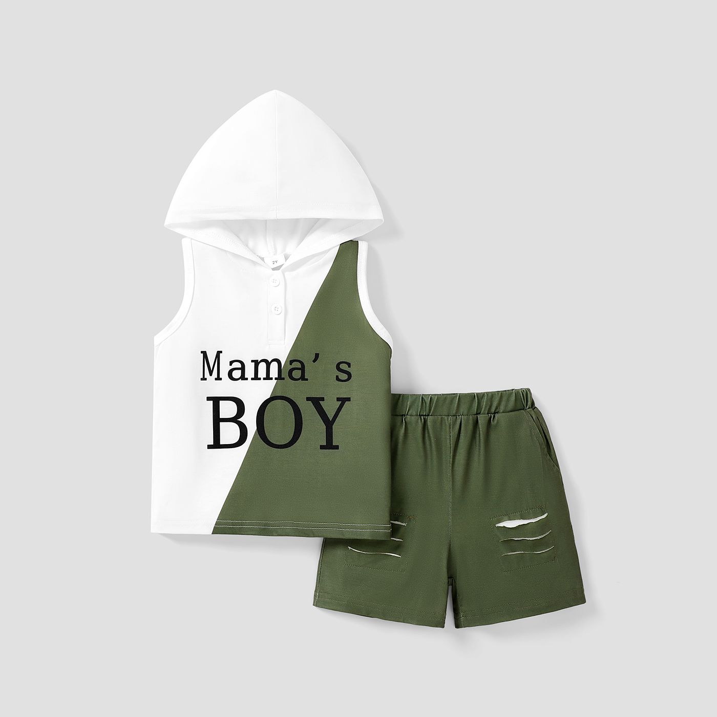 2pcs Toddler Boy Letter Print Two Tone Hooded Tank Top Et Ripped Shorts Set