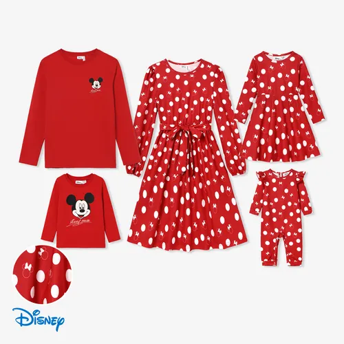 Disney Mickey and Friends Family Matching Character Print Polka Dots Long-sleeve Red Dress or Cotton Top
