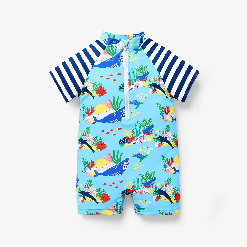 Baby Boy Allover Ocean Animal Print Striped Raglan-sleeve One-piece Swimsuit  big image 5