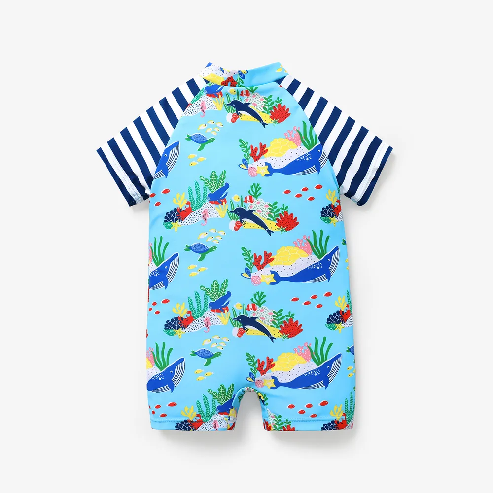 Baby Boy Allover Ocean Animal Print Striped Raglan-sleeve One-piece Swimsuit  big image 1