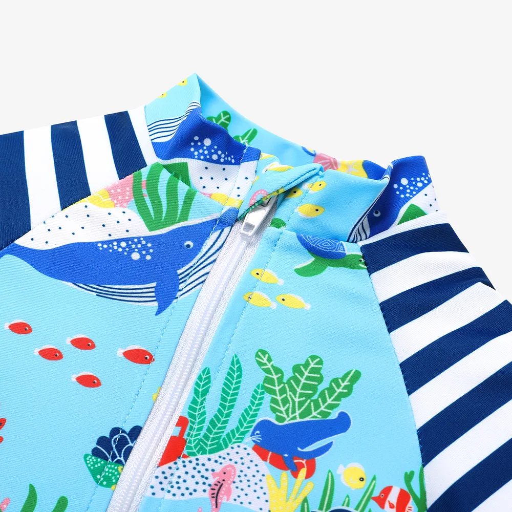 Baby Boy Allover Ocean Animal Print Striped Raglan-sleeve One-piece Swimsuit  big image 2