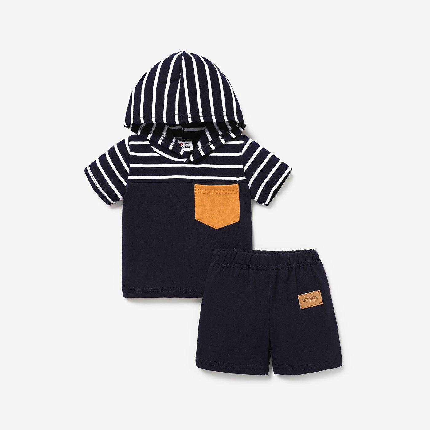 2pcs Baby Boy Patch Pocket Short-sleeve Stripe Hoodie and Shorts Set