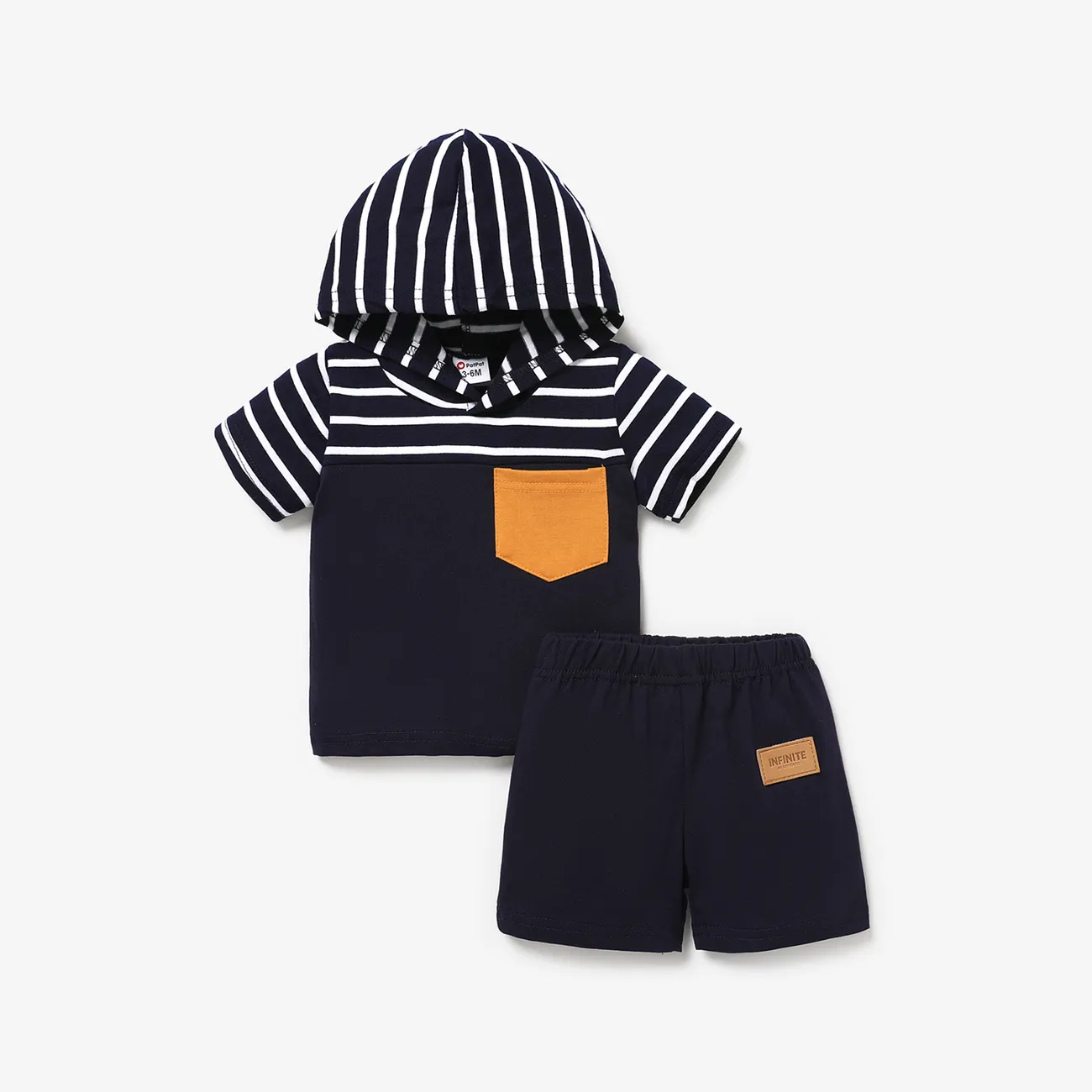 2pcs Baby Boy Patch Pocket Short-sleeve Stripe Hoodie and Shorts Set  big image 1