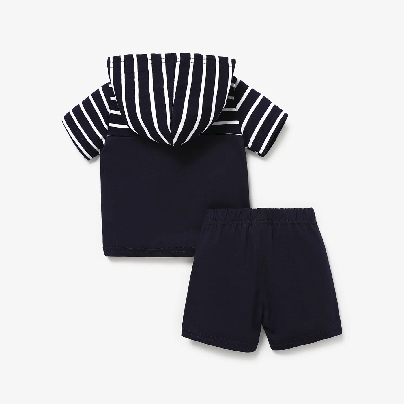 2pcs Baby Boy Patch Pocket Short-sleeve Stripe Hoodie and Shorts Set  image 2