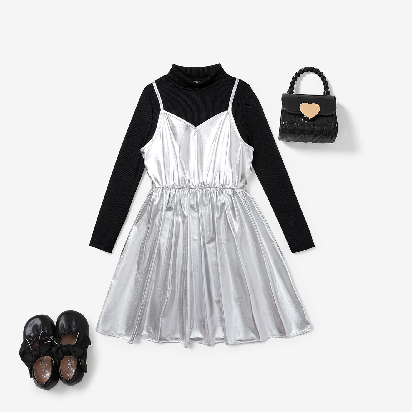 2PCS Kid Girl Black Top/Metallic Dress