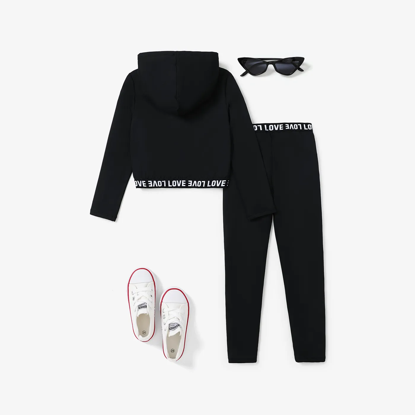 2PCS Kid Girl Avant-garde Letter Zipper Coat/ Pants Set  Black image 2