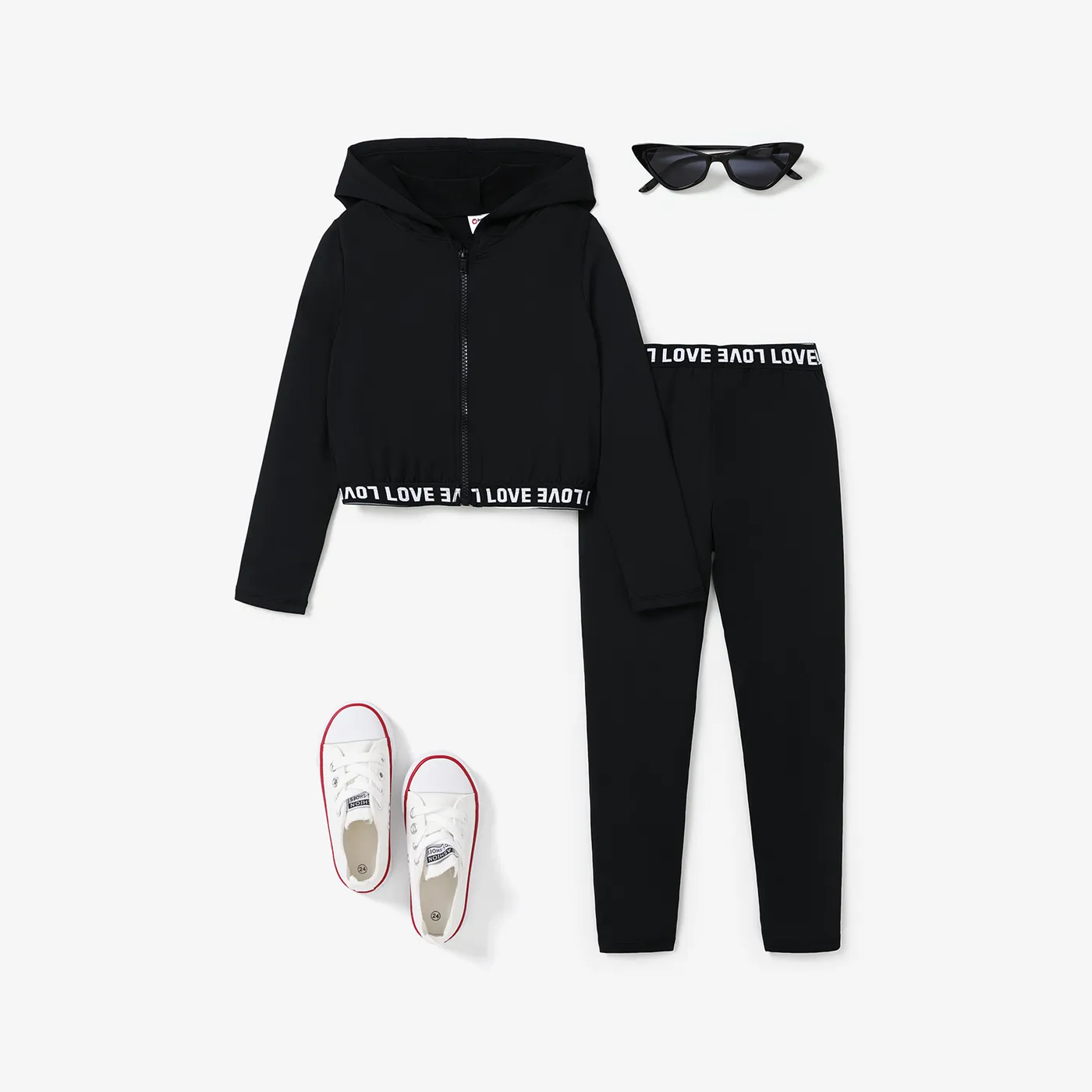 2PCS Kid Girl Avant-garde Letter Zipper Coat/ Pants Set  Black big image 1
