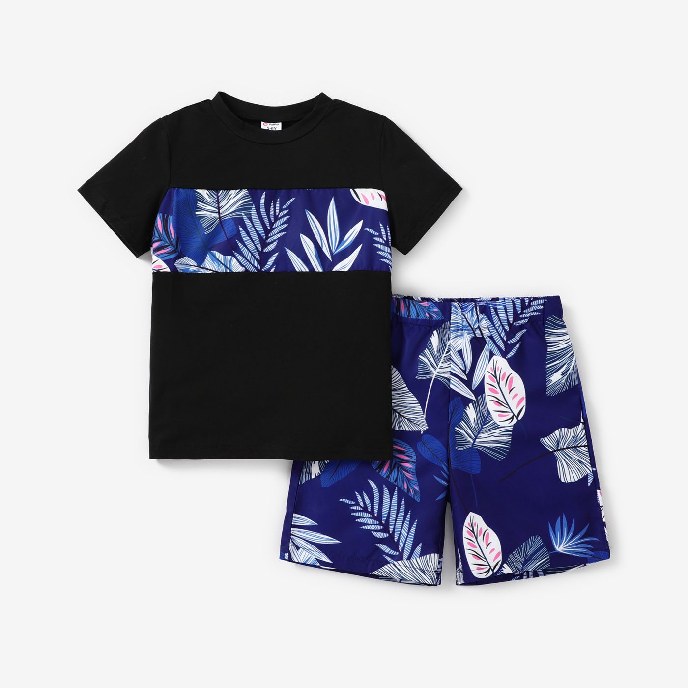 Kid Boy 2pcs Tropical Plant Print Colorblock Tee And Shorts Set/ Canvas Shoes