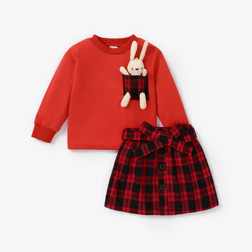 2PCS Toddler Girl Christmas Hyper-Tactile Grid Top/Dress Set