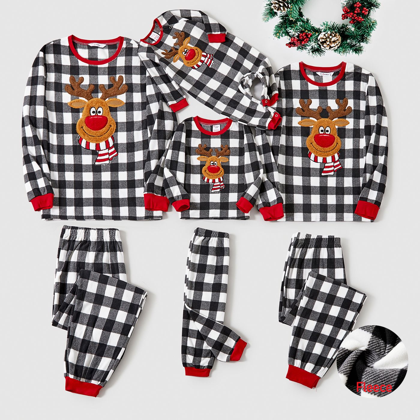 

Christmas Family Matching Reindeer Patch Plaid Long Sleeve Fleece Pajamas Sets(Flame resistant)