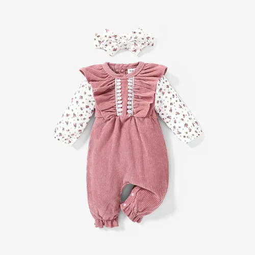 2pcs Baby Floral Print Splicing Long-sleeve Pink Corduroy Ruffle Jumpsuit Set