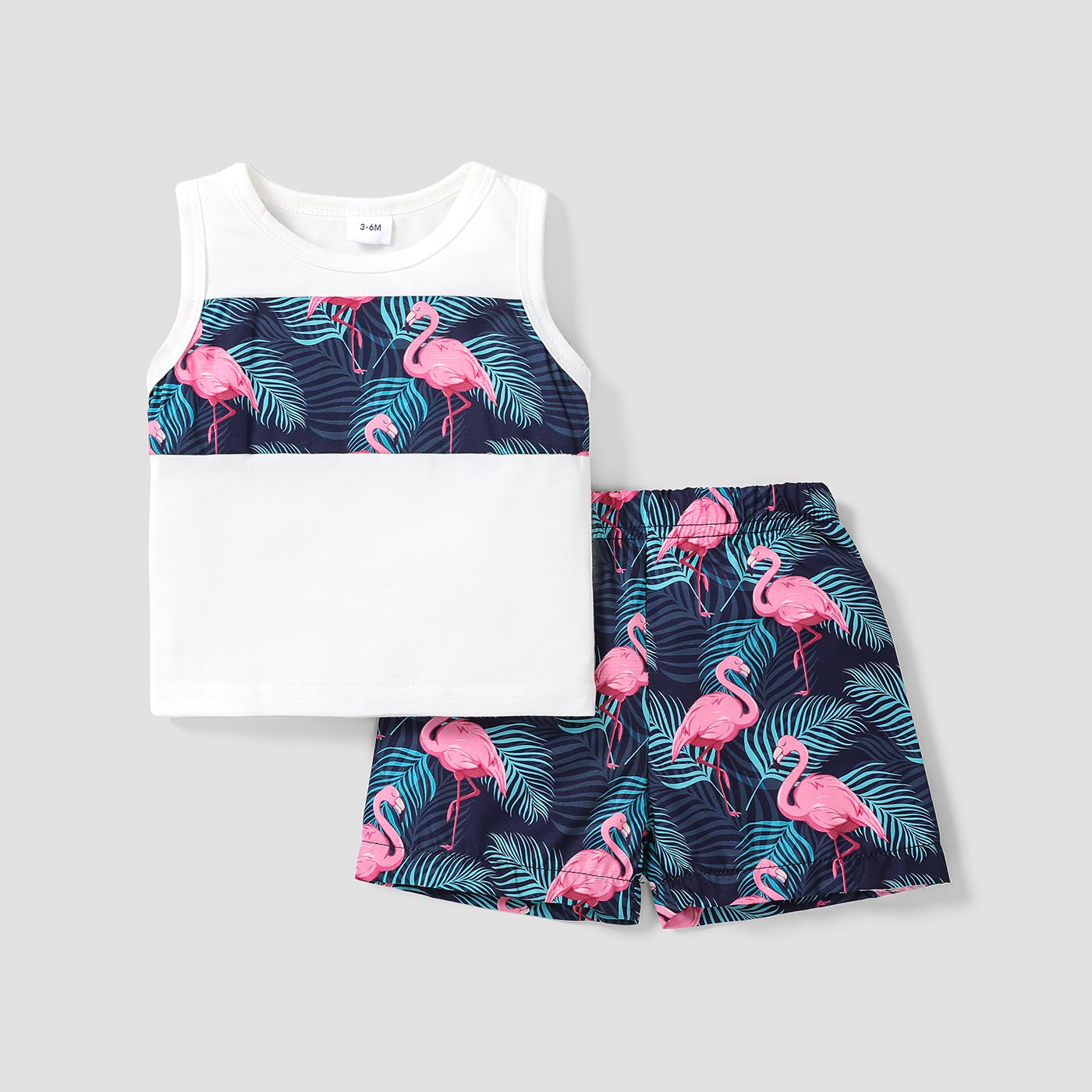 2pcs Baby Boy Flamingo Plant Print Tank Top and Shorts Set