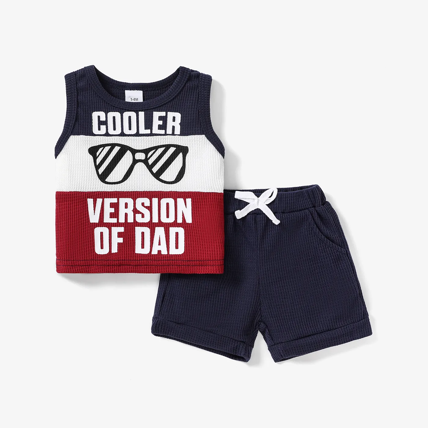 

2pcs Baby Boy Glasses Letter Print Colorblock Waffle Tank Top and Solid Shorts Set