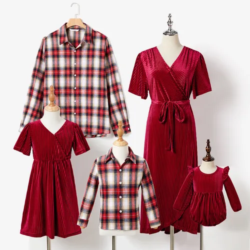 Family Matching Plaid Long-sleeve Shirt Tops and Velet Belted Dresses Sets