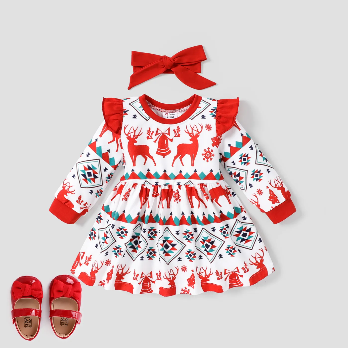 2PCS Baby Girl Sweet Christmas  Flutter Sleeve Dress/Headband Set