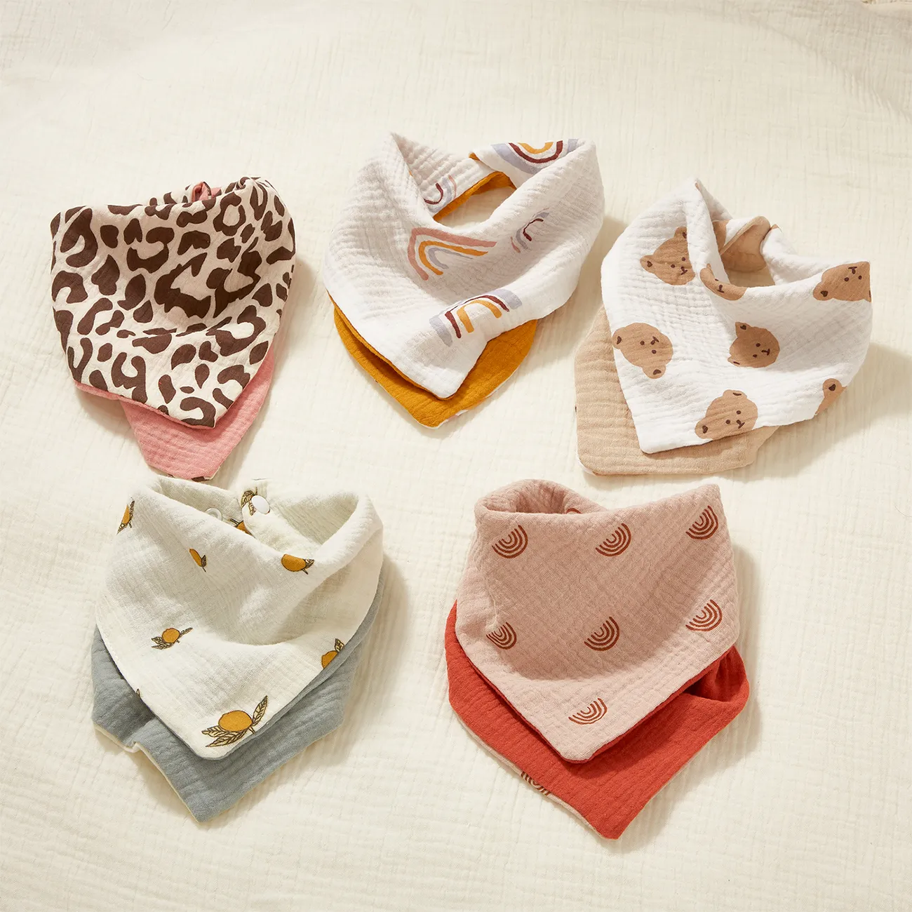 Multi-functional Baby Cotton Gauze Printed and Patchwork Triangle Bib Pink big image 1