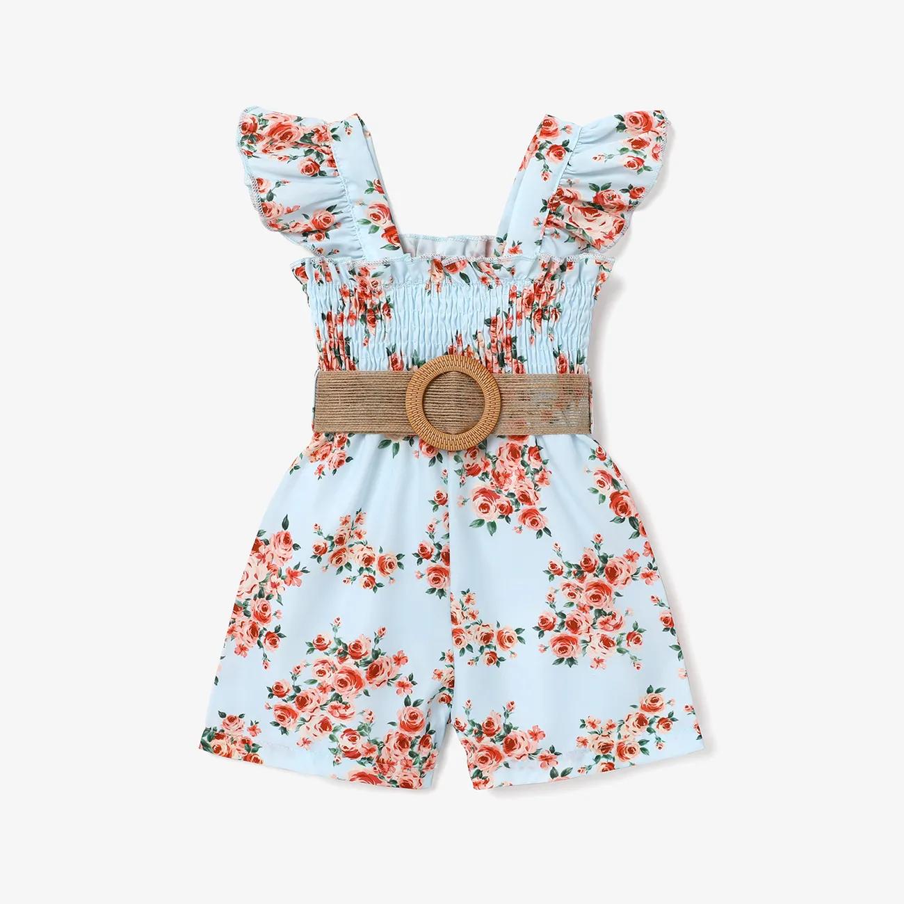 Baby Girl Floral Print Flutter-sleeve Belted Smocked Romper  big image 1