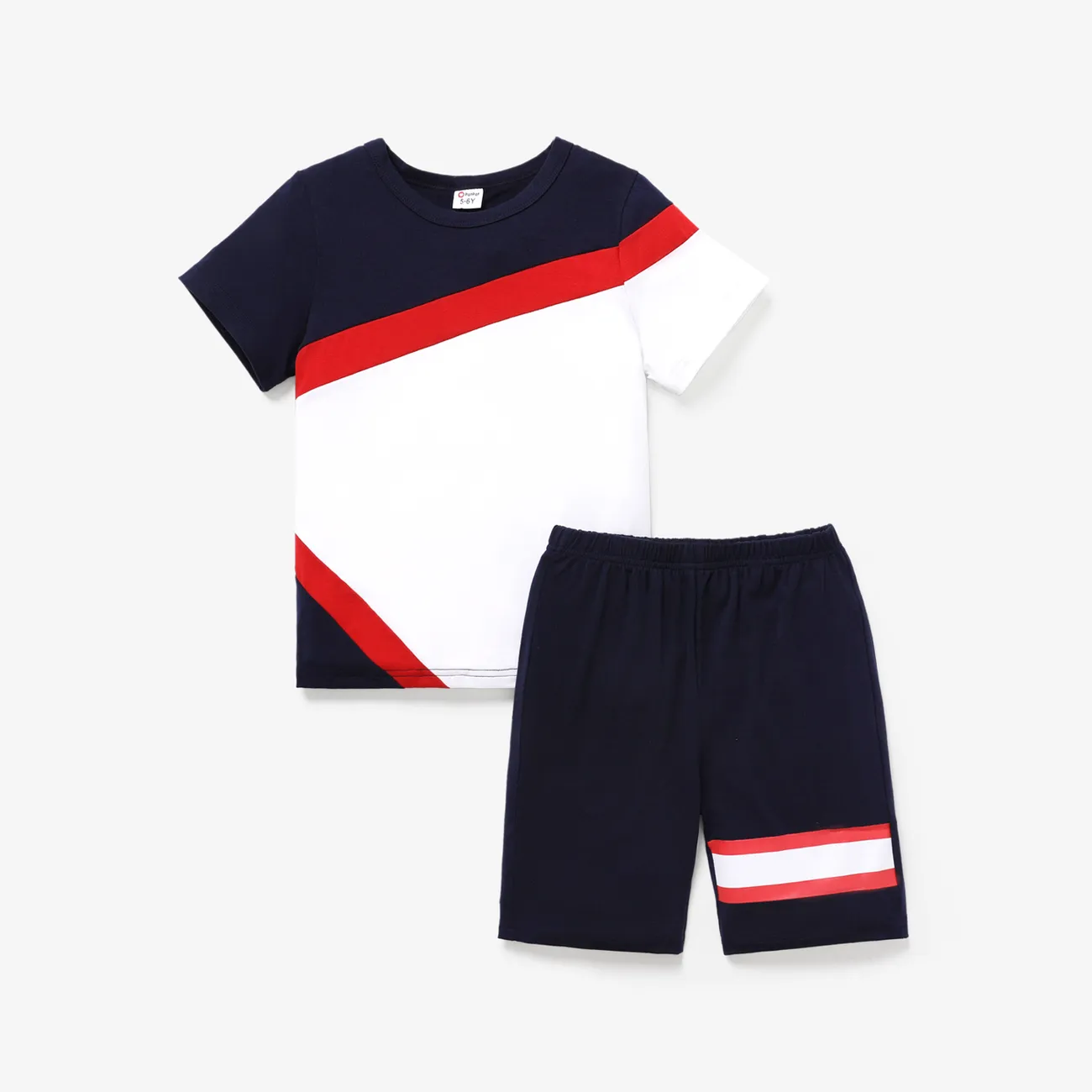 2Pcs Kid Boy Color Block Short-sleeve Tee and Shorts Set Navy big image 1