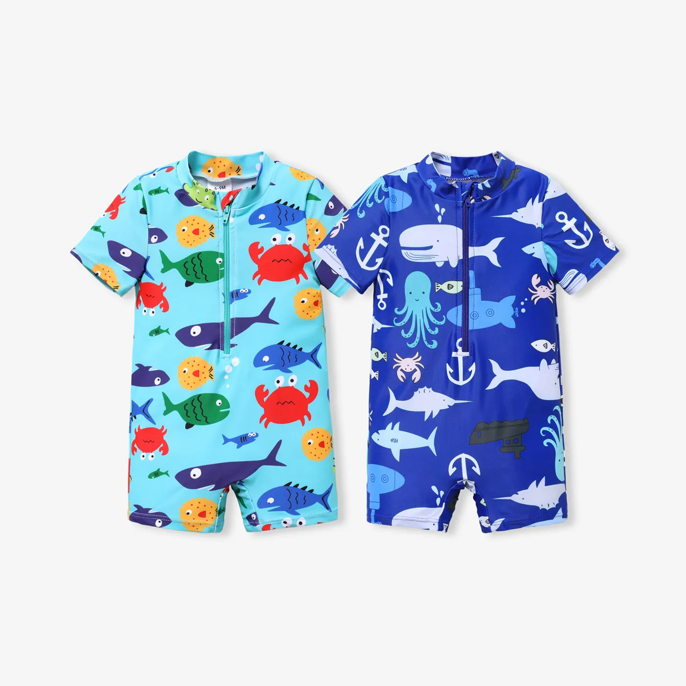 

Baby Boy Allover Fish Print Front Zipper Lapel Neck Swimsuit