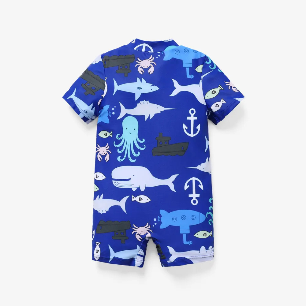 Baby Boy Allover Fish Print Front Zipper Lapel Neck Swimsuit big image 5