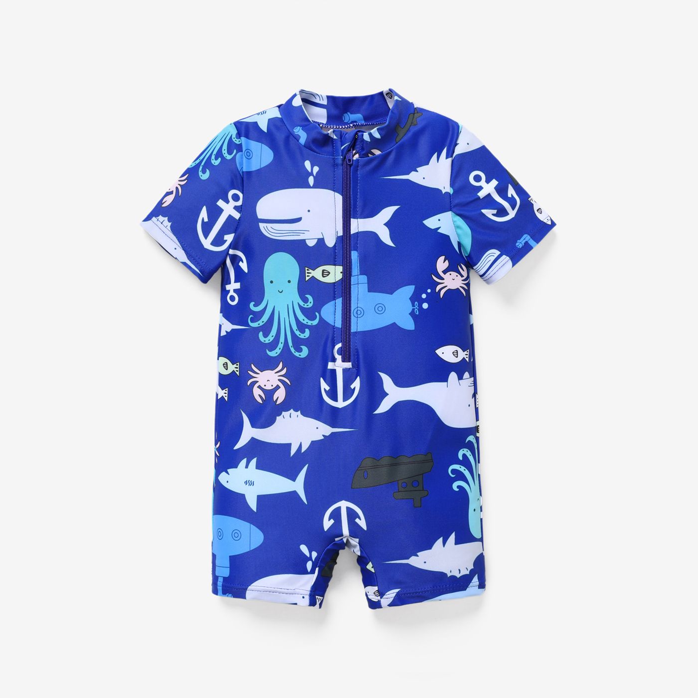 

Baby Boy Allover Fish Print Front Zipper Lapel Neck Swimsuit