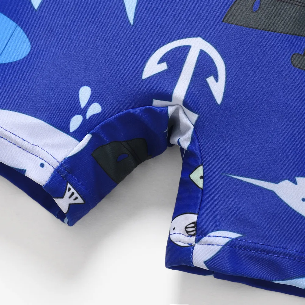 Baby Boy Allover Fish Print Front Zipper Lapel Neck Swimsuit big image 3