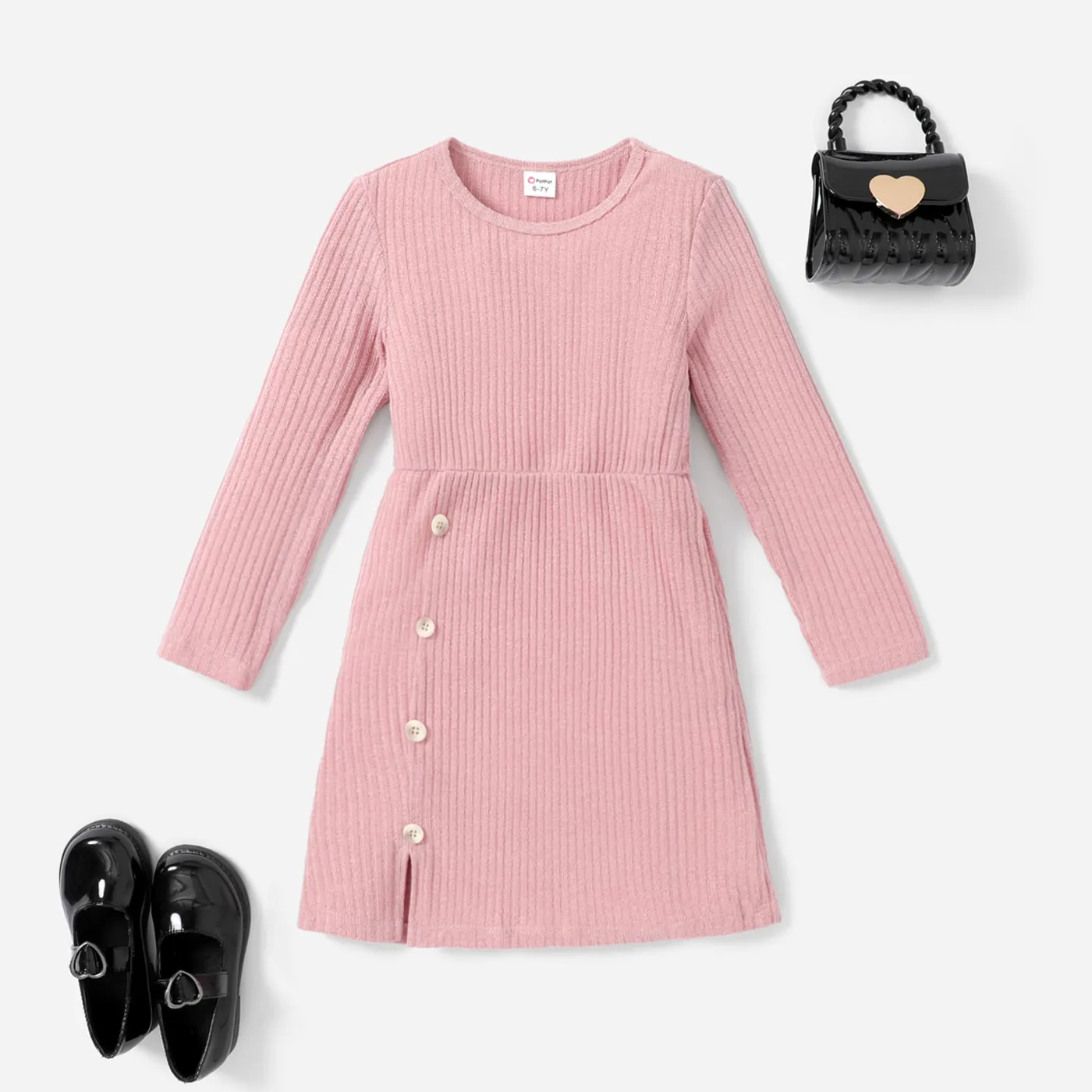 Kid Girl Secret Button Design Basic Solid Color Dress  