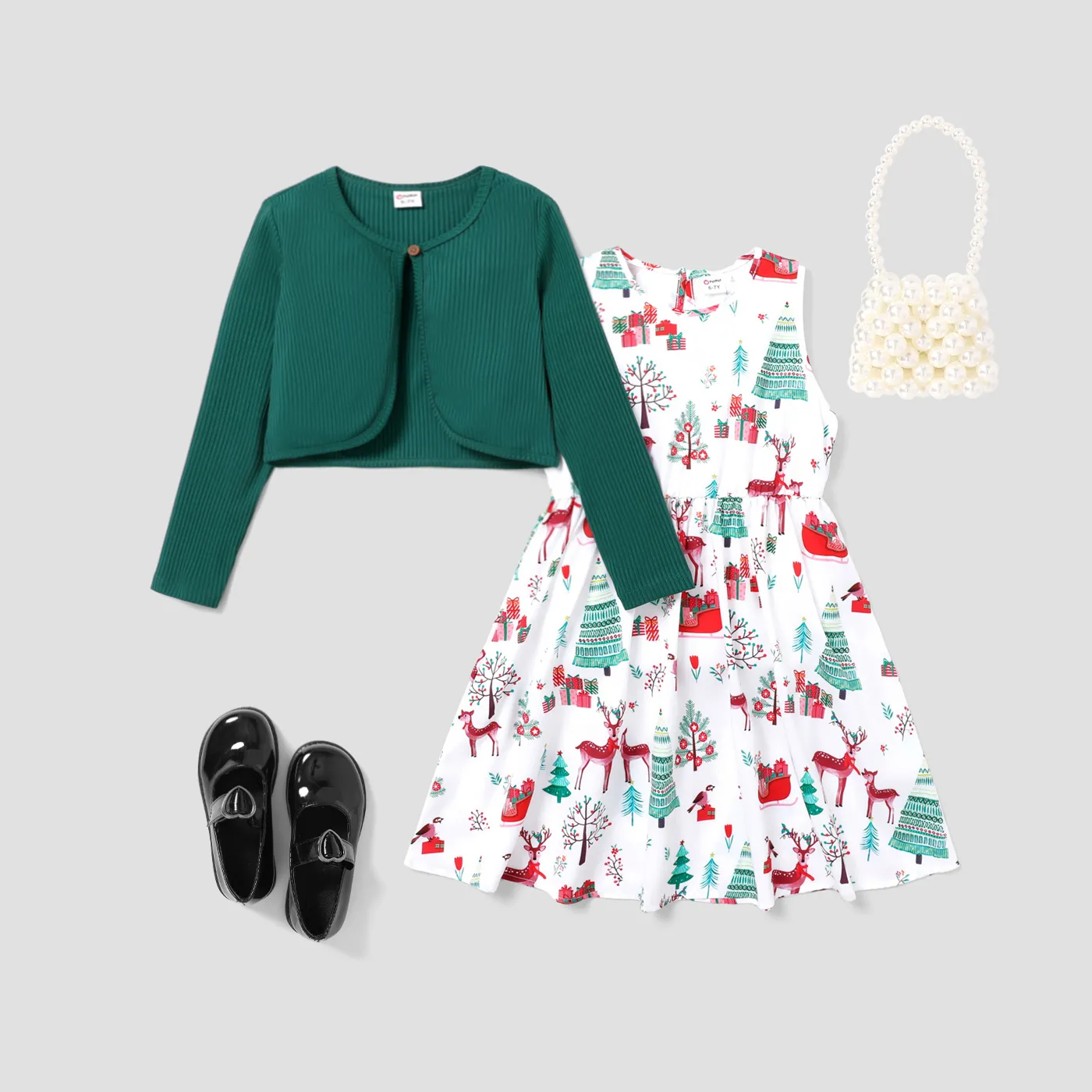 2pcs Kid girl Christmas Pattern Button Design Skirt Suit