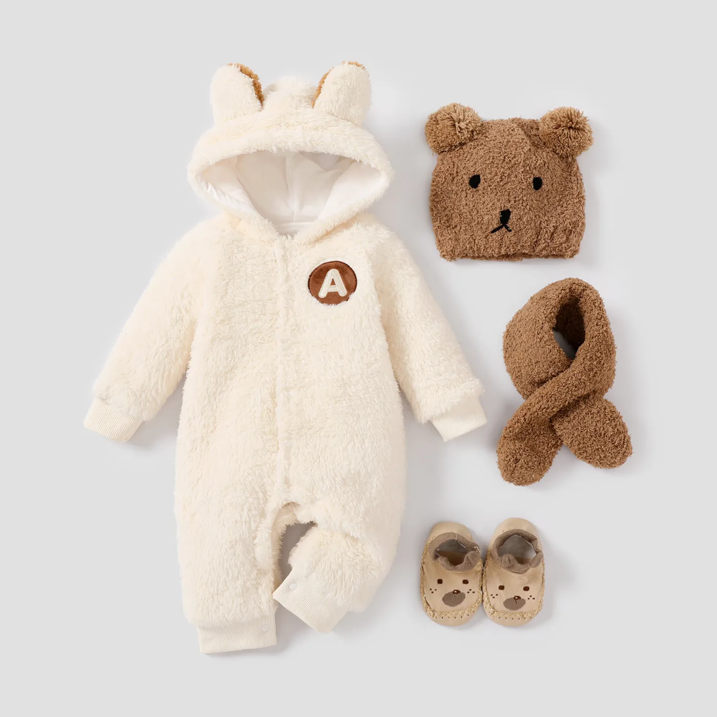 Baby Girl/Boy Childlike Solid Color Plush Jumpsuit/Socks/Hat&Scarf