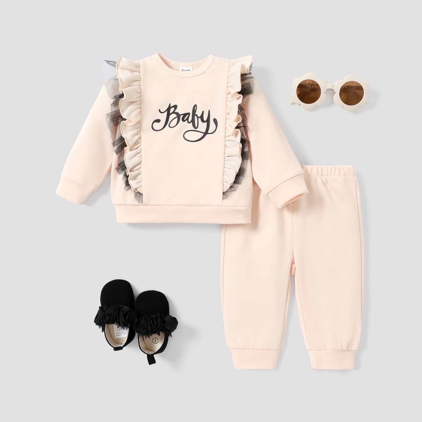 2pcs Baby Girl's Ruffle Edge Letter Print Basic Set