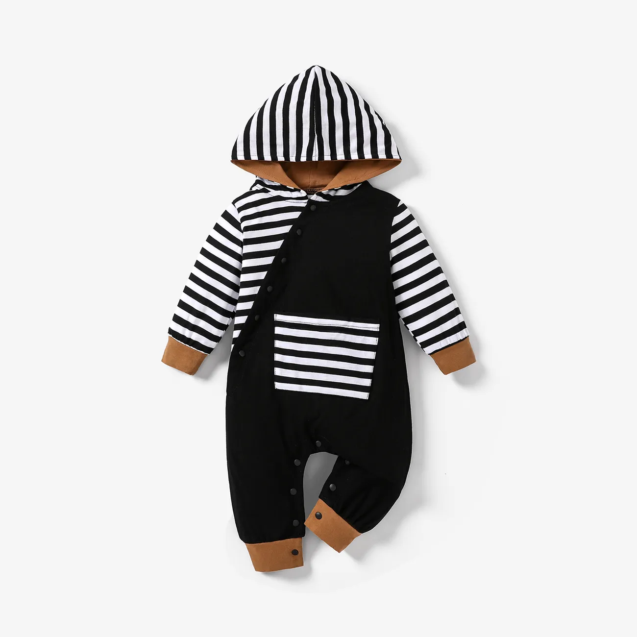 Striped Splicing Long-sleeve Hooded Baby Snap-up Jumpsuit Black big image 1