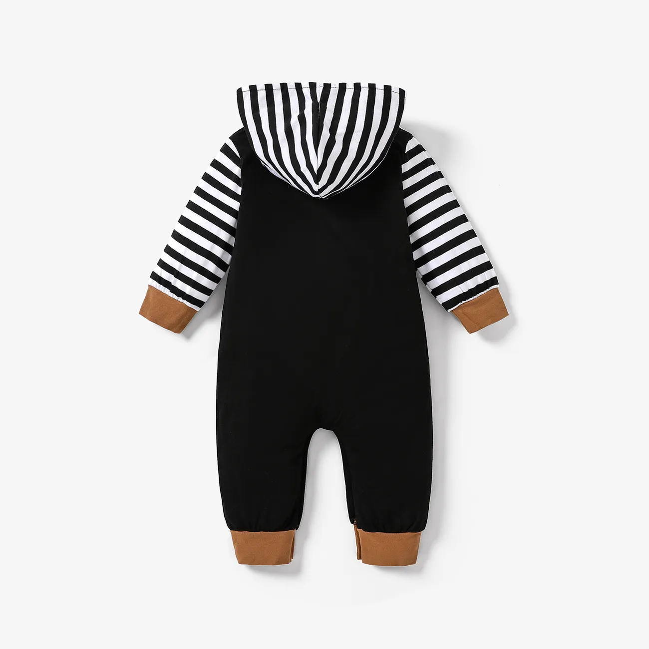 Striped Splicing Long-sleeve Hooded Baby Snap-up Jumpsuit Black big image 1