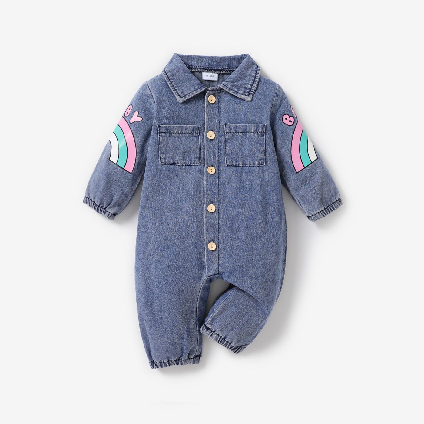 Baby Girl/Boy Rainbow Lapel Cotton Denim Jumpsuit