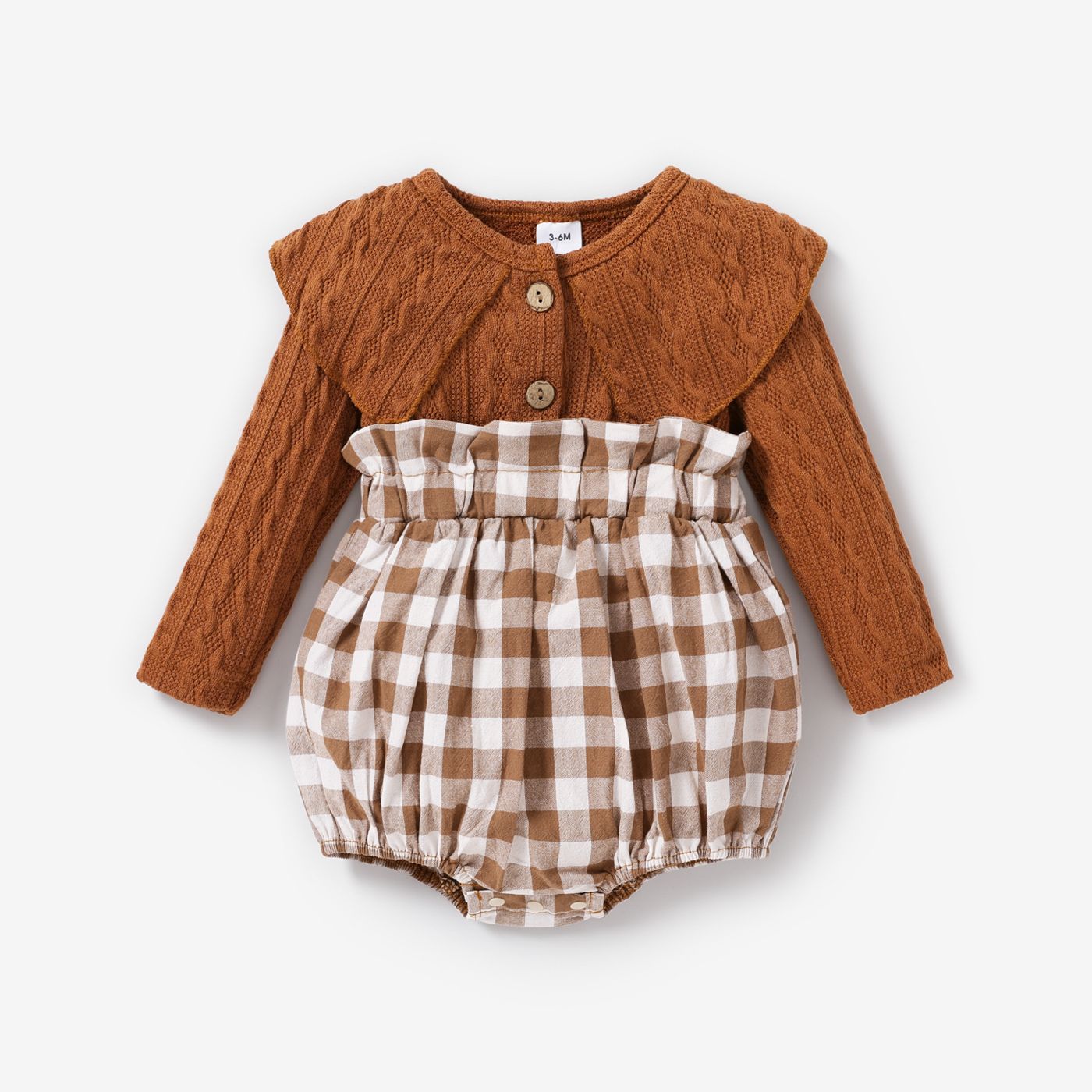 100% Cotton Knitted Long-sleeve Splicing Plaid Print Baby Romper
