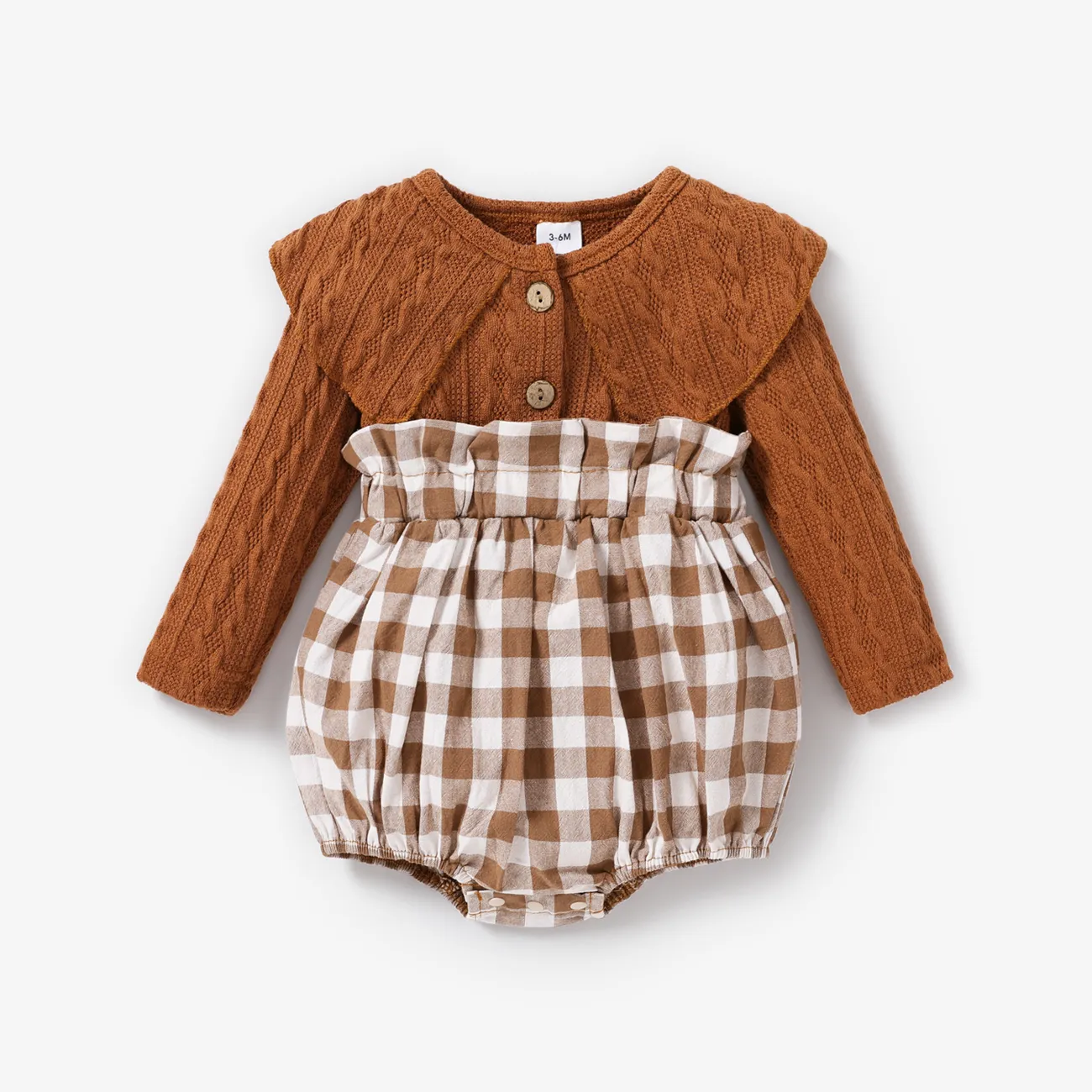 100% Cotton Knitted Long-sleeve Splicing Plaid Print Baby Romper Cameo brown big image 1