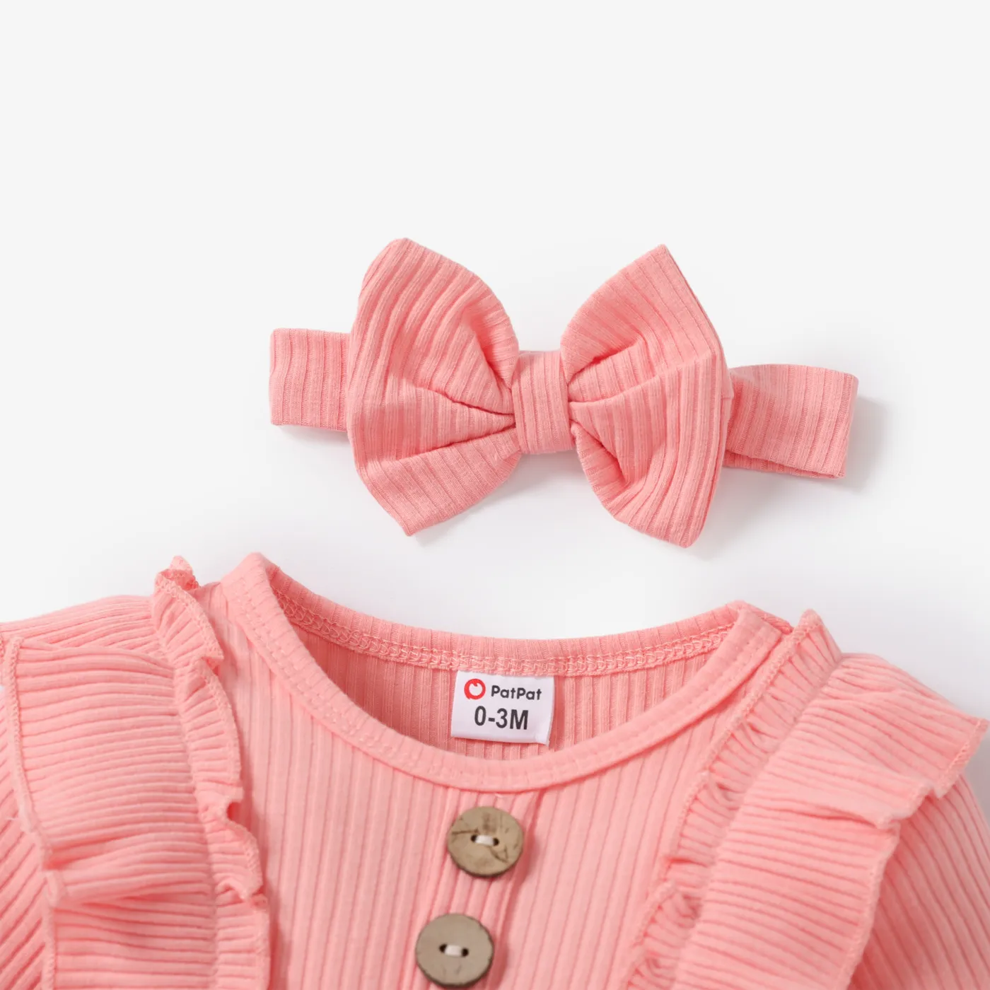 2pcs Baby Girl 95% Cotton Ribbed Long-sleeve Ruffle Bowknot Button Jumpsuit with Headband Set Pink image 3