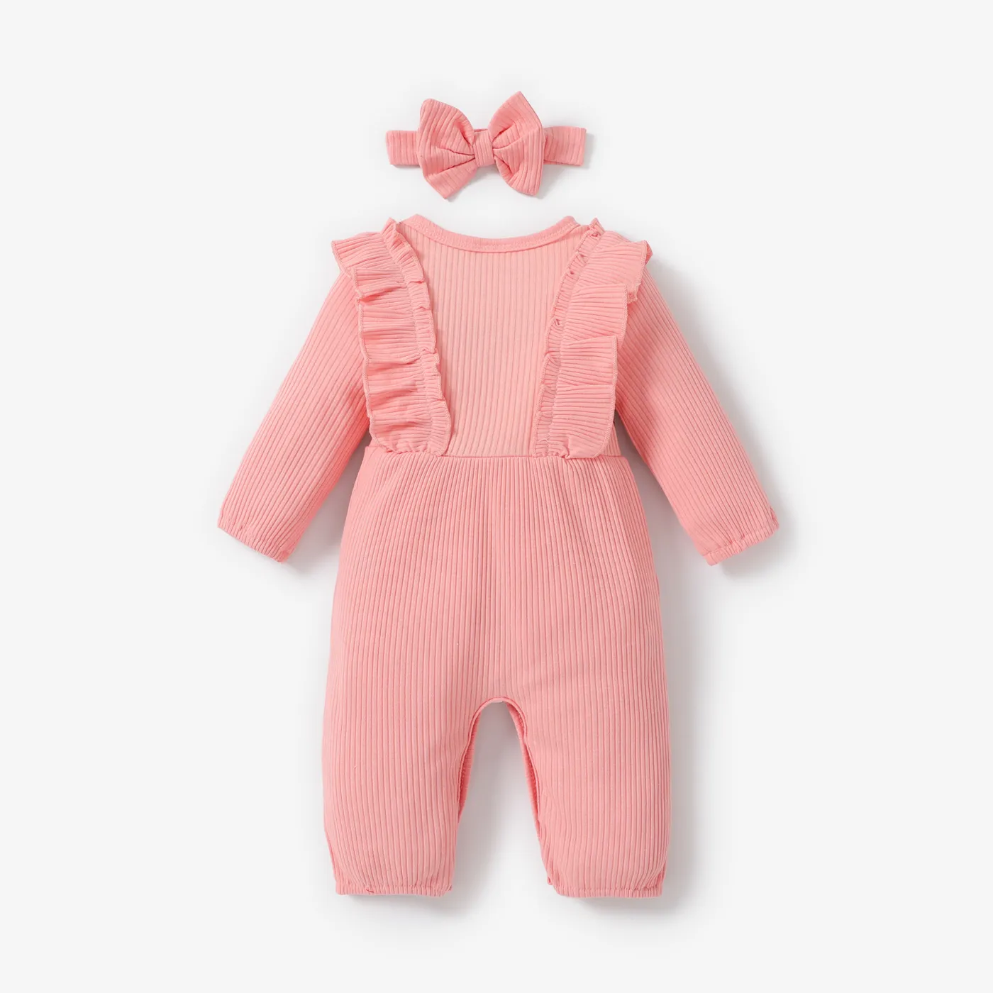 2pcs Baby Girl 95% Cotton Ribbed Long-sleeve Ruffle Bowknot Button Jumpsuit with Headband Set Pink image 2