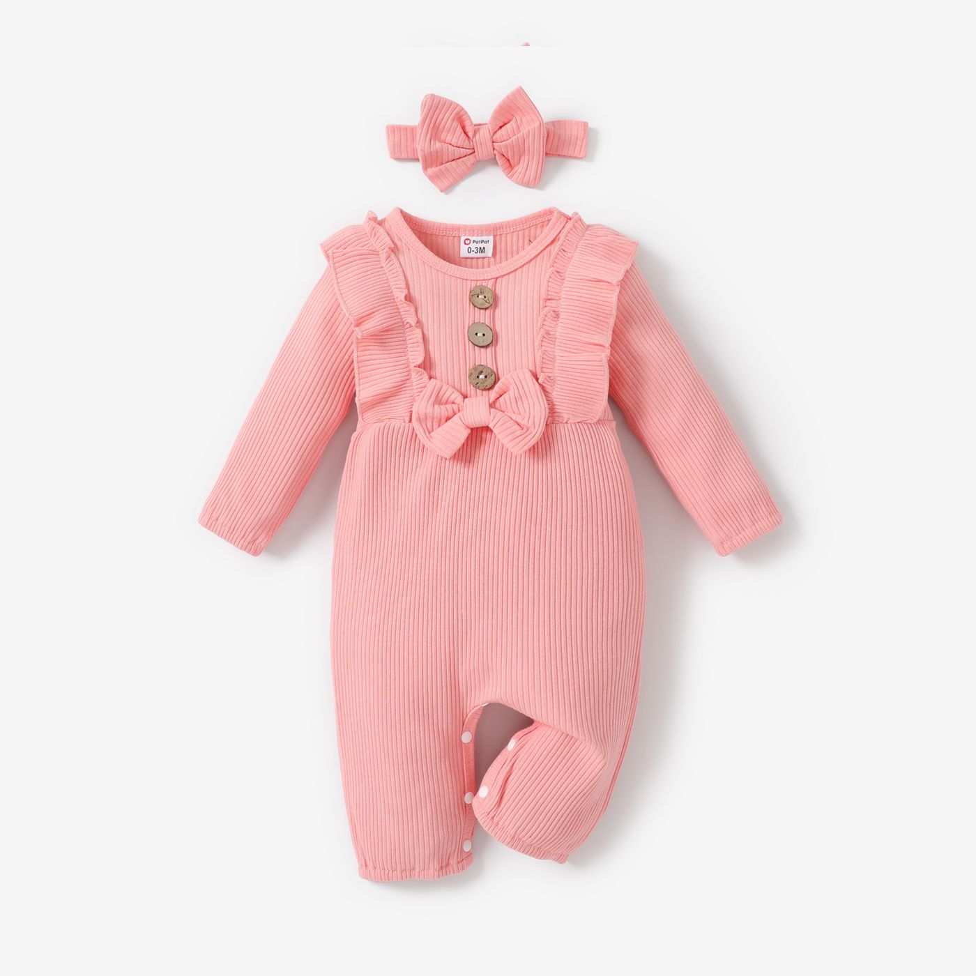 2pcs Baby Girl 95% Cotton Ribbed Long-sleeve Ruffle Bowknot Button Jumpsuit With Headband Set