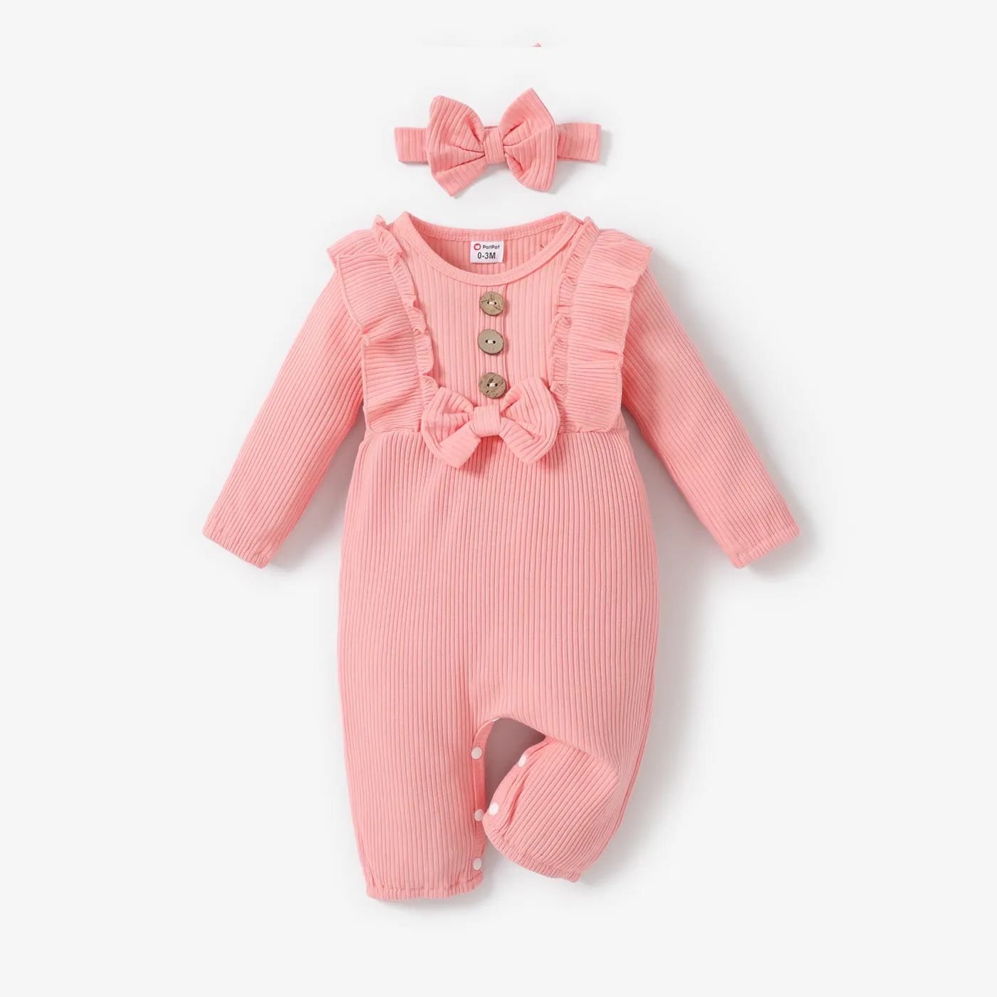 2pcs Baby Girl 95% Cotton Ribbed Long-sleeve Ruffle Bowknot Button Jumpsuit with Headband Set Pink big image 1