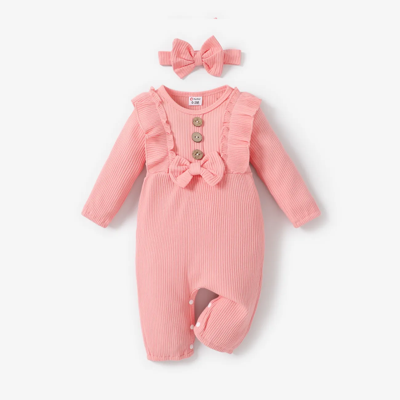 2 Stück Baby Mädchen Rüschenrand Lässig Langärmelig Baby-Overalls rosa big image 1