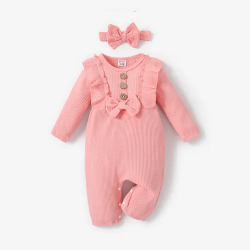 Conjunto para bebê menina (2 peças) com faixa de cabela e macacão canelado de manga longa com botões e laço em 95% algodão