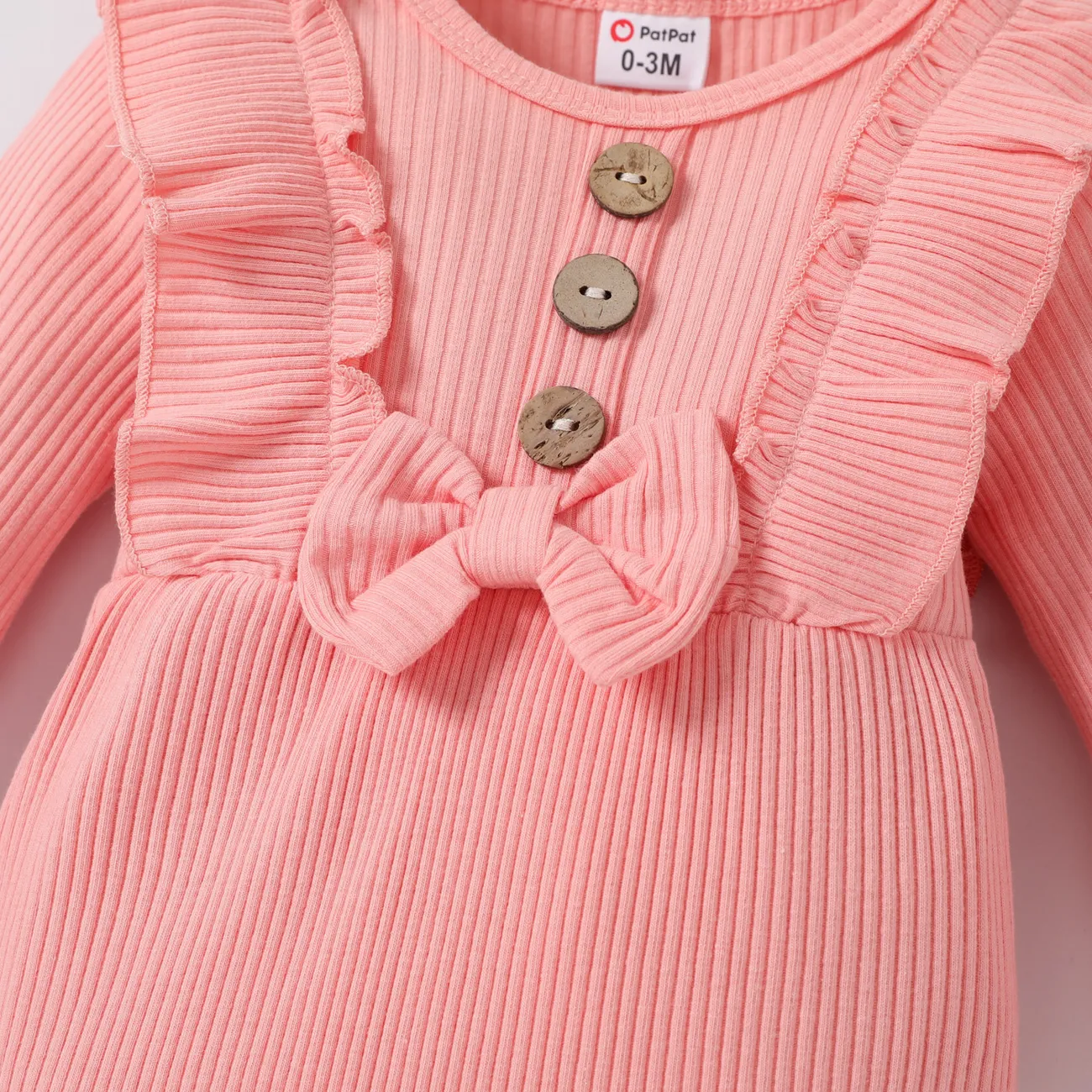 2pcs Baby Girl 95% Cotton Ribbed Long-sleeve Ruffle Bowknot Button Jumpsuit with Headband Set Pink big image 1
