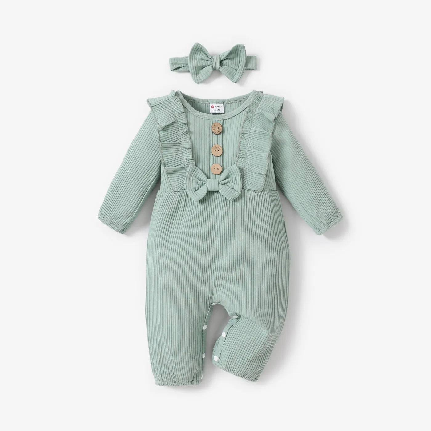 2pcs Baby Girl 95% Cotton Ribbed Long-sleeve Ruffle Bowknot Button Jumpsuit with Headband Set